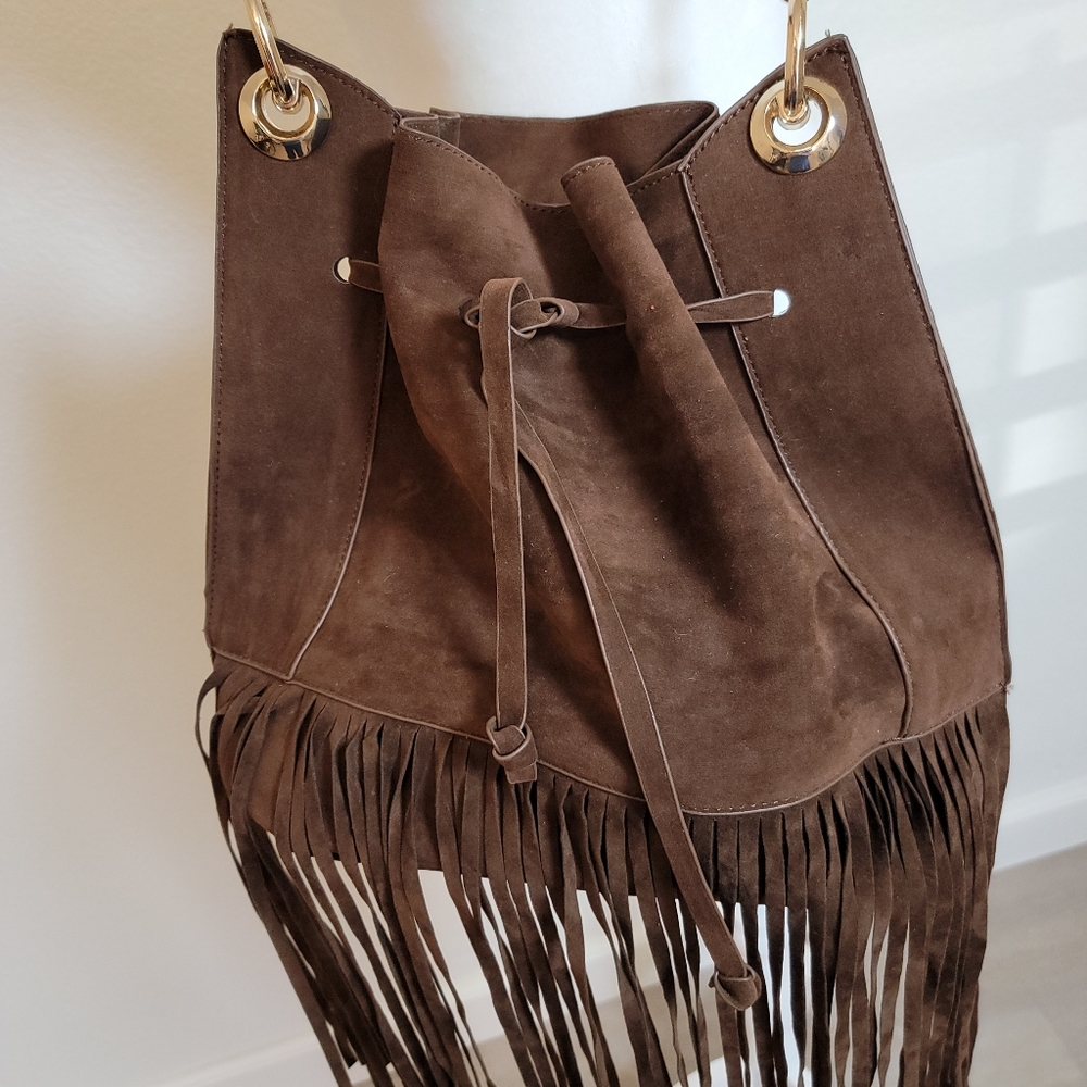 Boho Brown Faux Leather Crossbody Handbag Eith Fringe - Picture 2 of 6